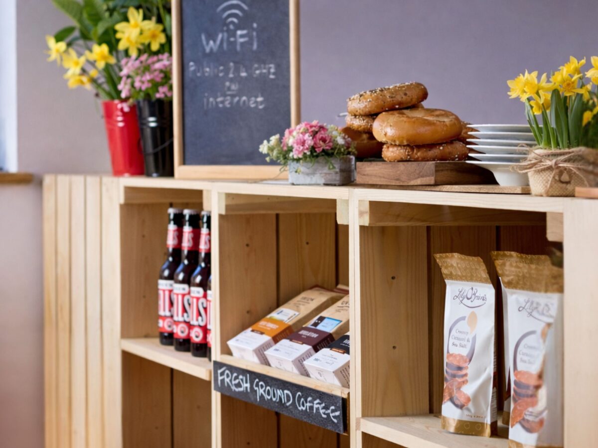 Rustic coffee shop with Spring flowers such as daffodils and tulips