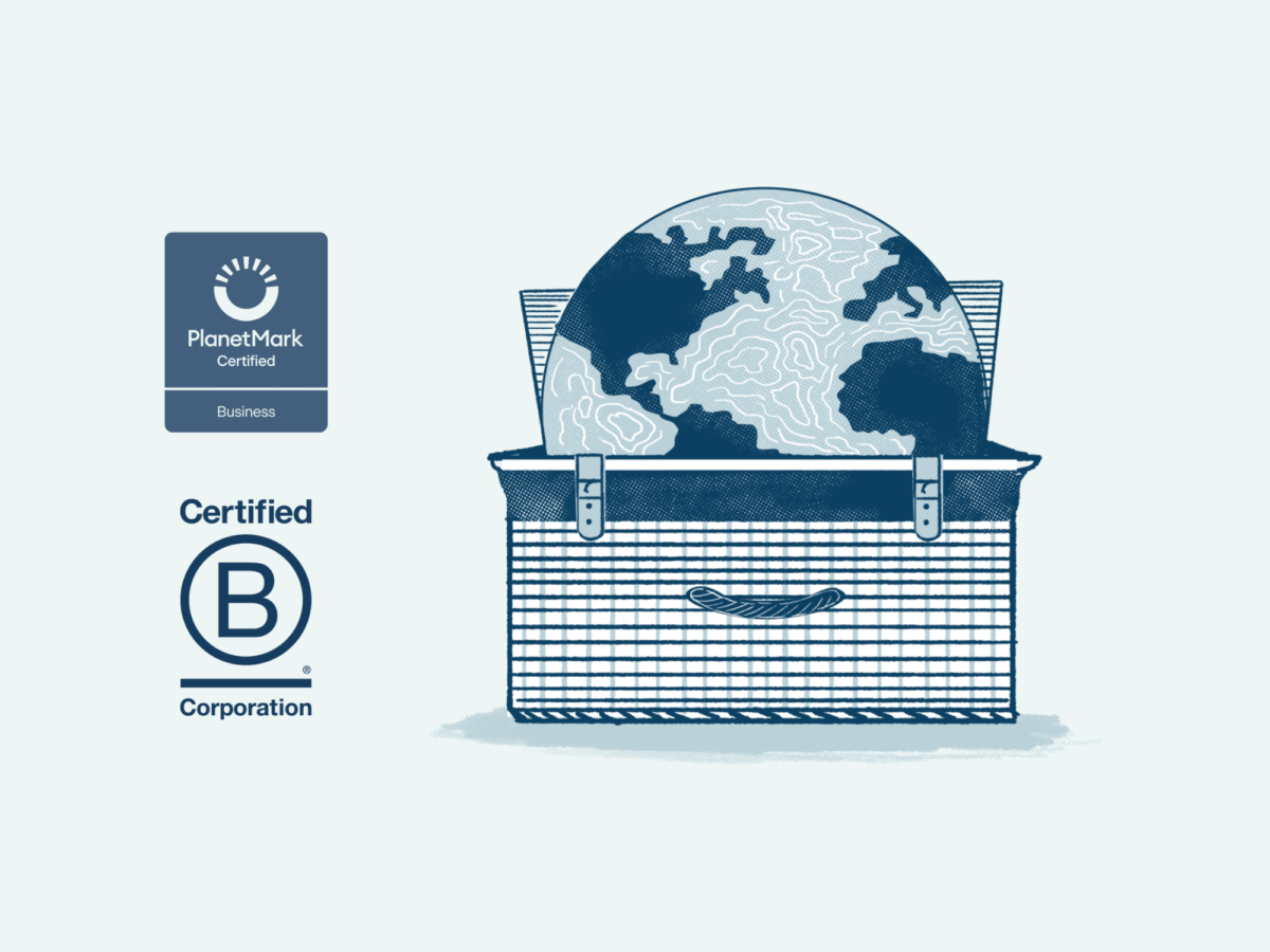 Graphic of Earth going into a wicker hamper basket with B Corp and Planet Mark logos