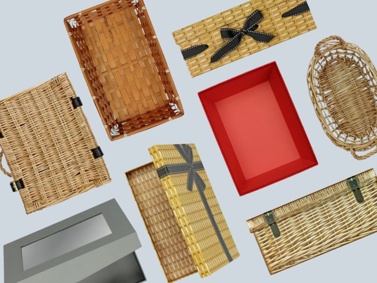 Sustainable gift packaging including cardboard, wicker and wooden hampers