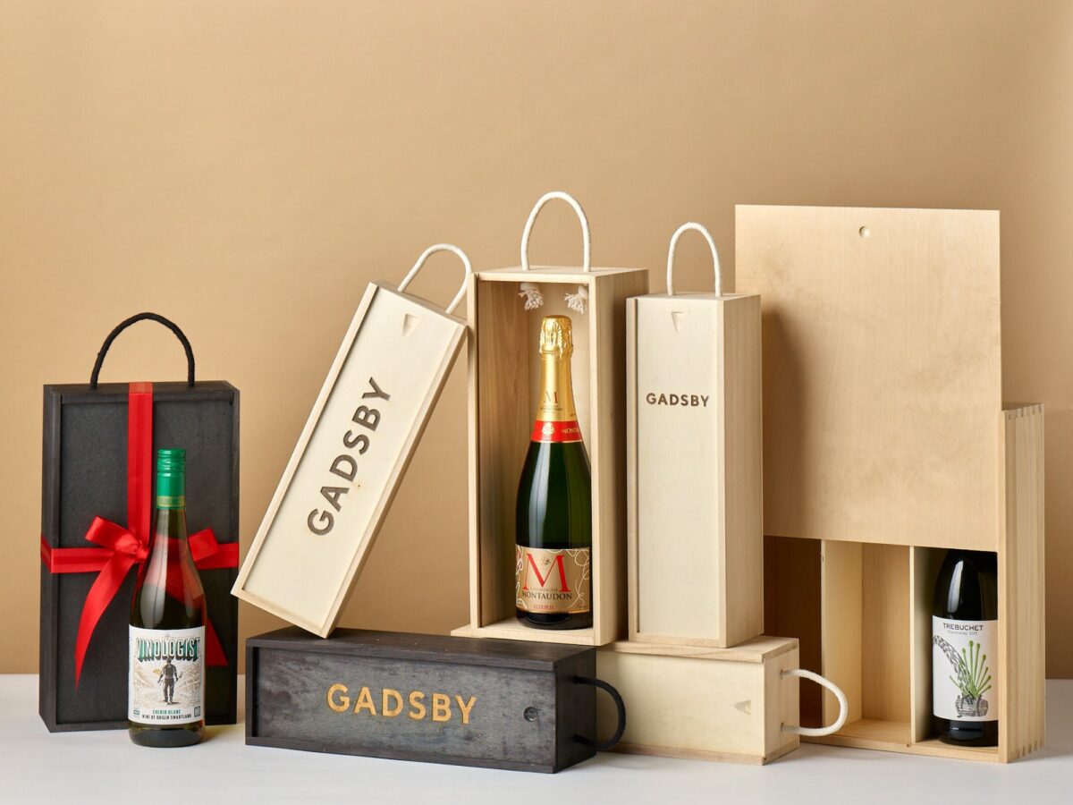 Wooden bottle boxes that have been laser engraved