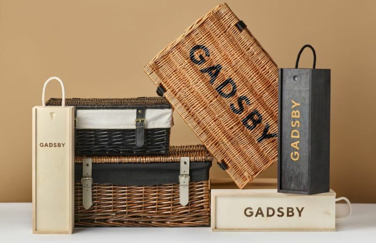 Range of hampers including hamper baskets and wooden boxes