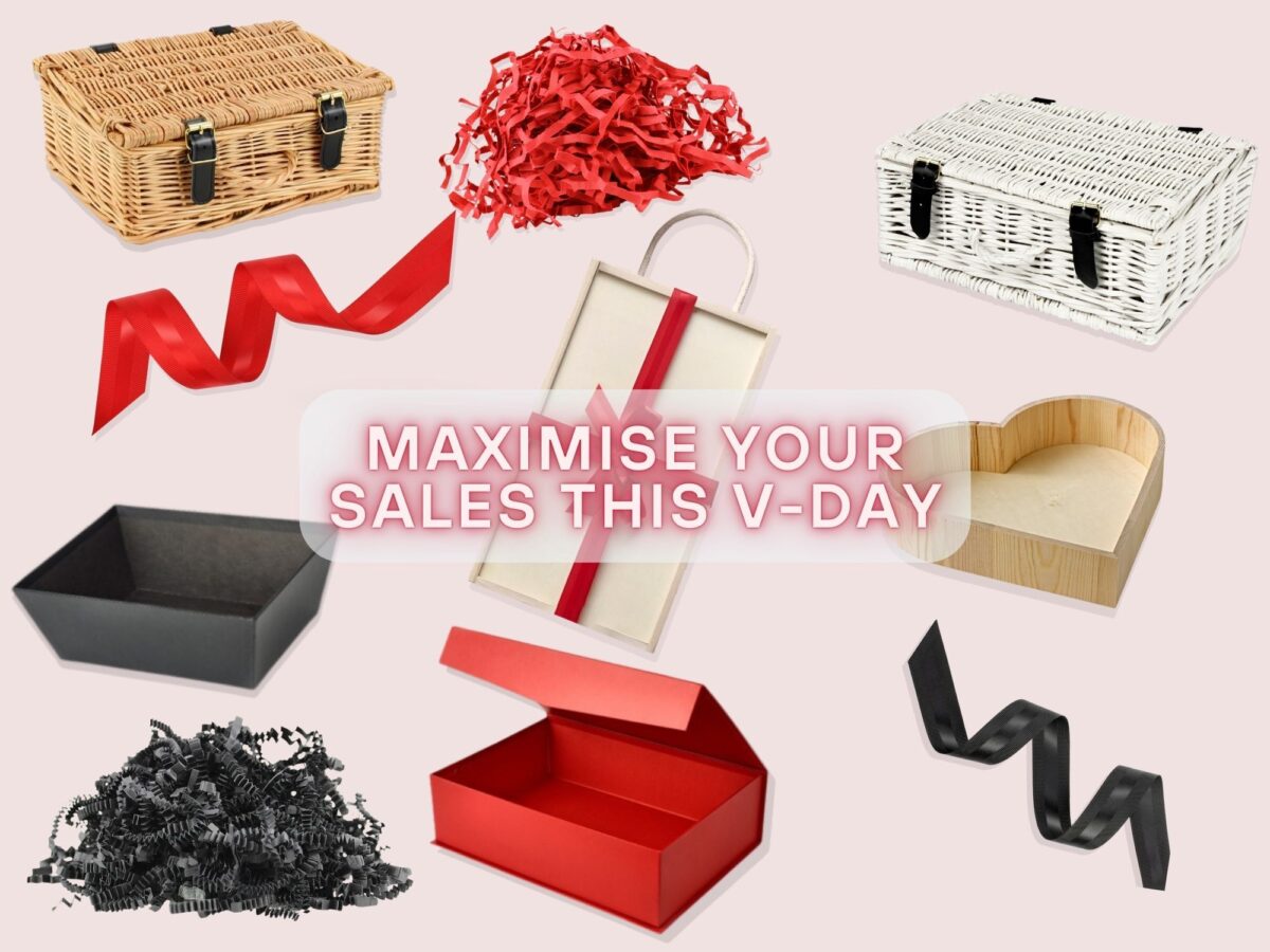 Variety of hampers and gift packaging products that work for creating Valentine's Day filled hamper ranges.