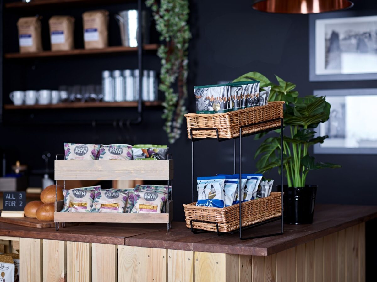 Retail display using metal tier frame with display baskets in a retail setting
