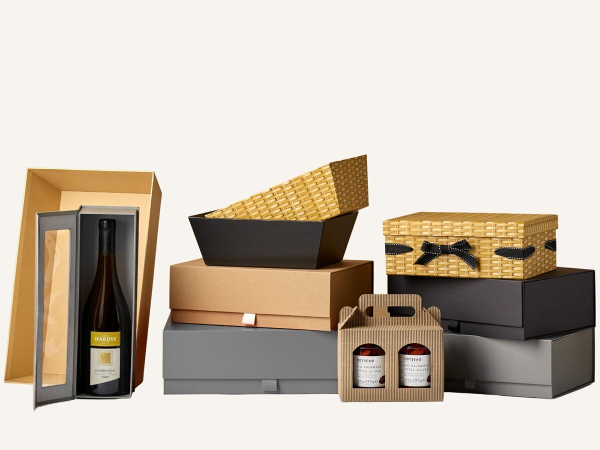 Selection of cardboard hampers, trays and jar boxes perfect for building the perfect hamper for brands and businesses