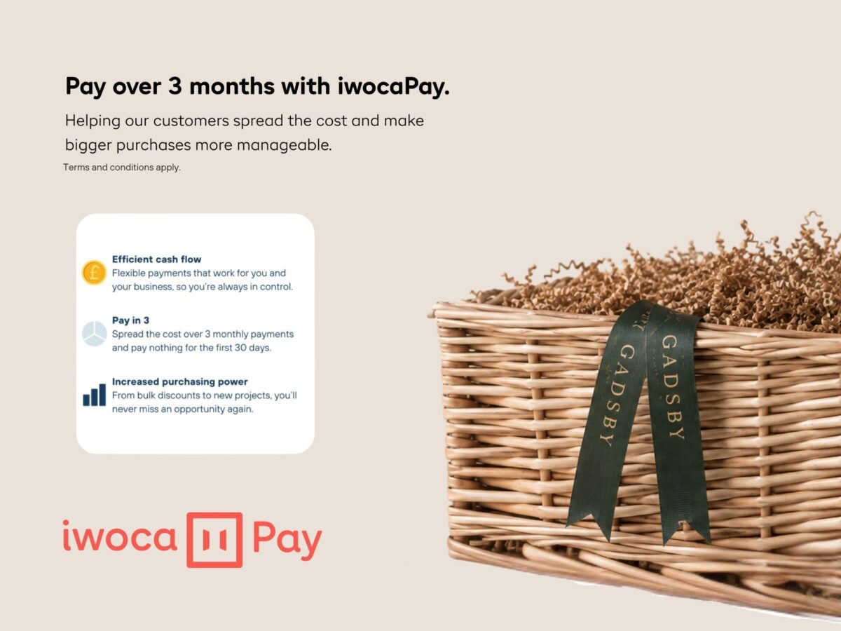 Hamper pictured alongside text explaining how customers can pay now or pay later for their Christmas stock